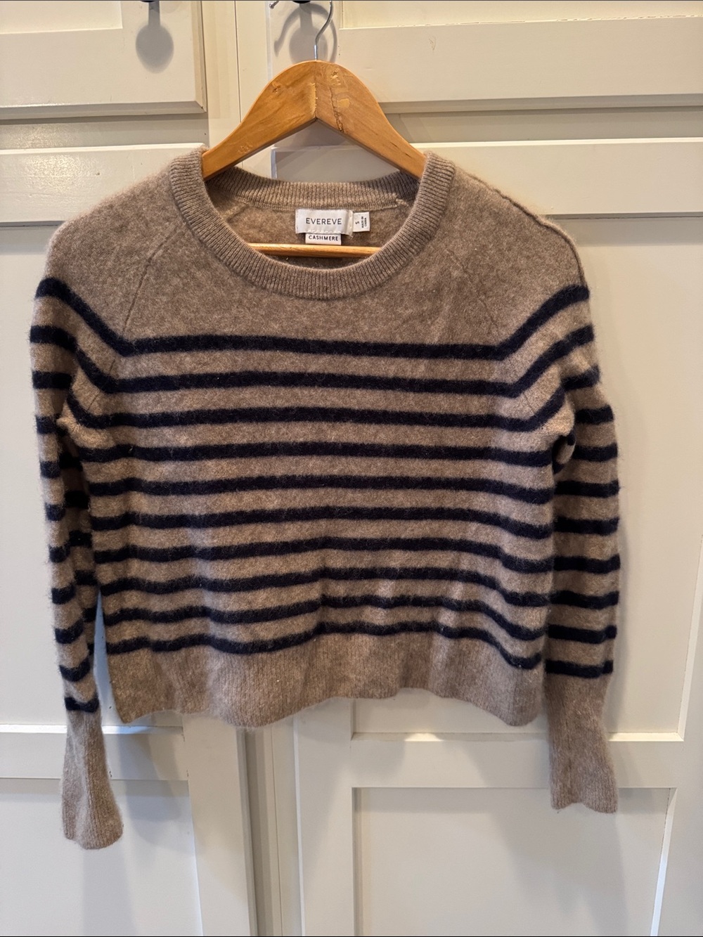 Evereve Taupe and Navy Stripe Cashmere Crewneck Sweater